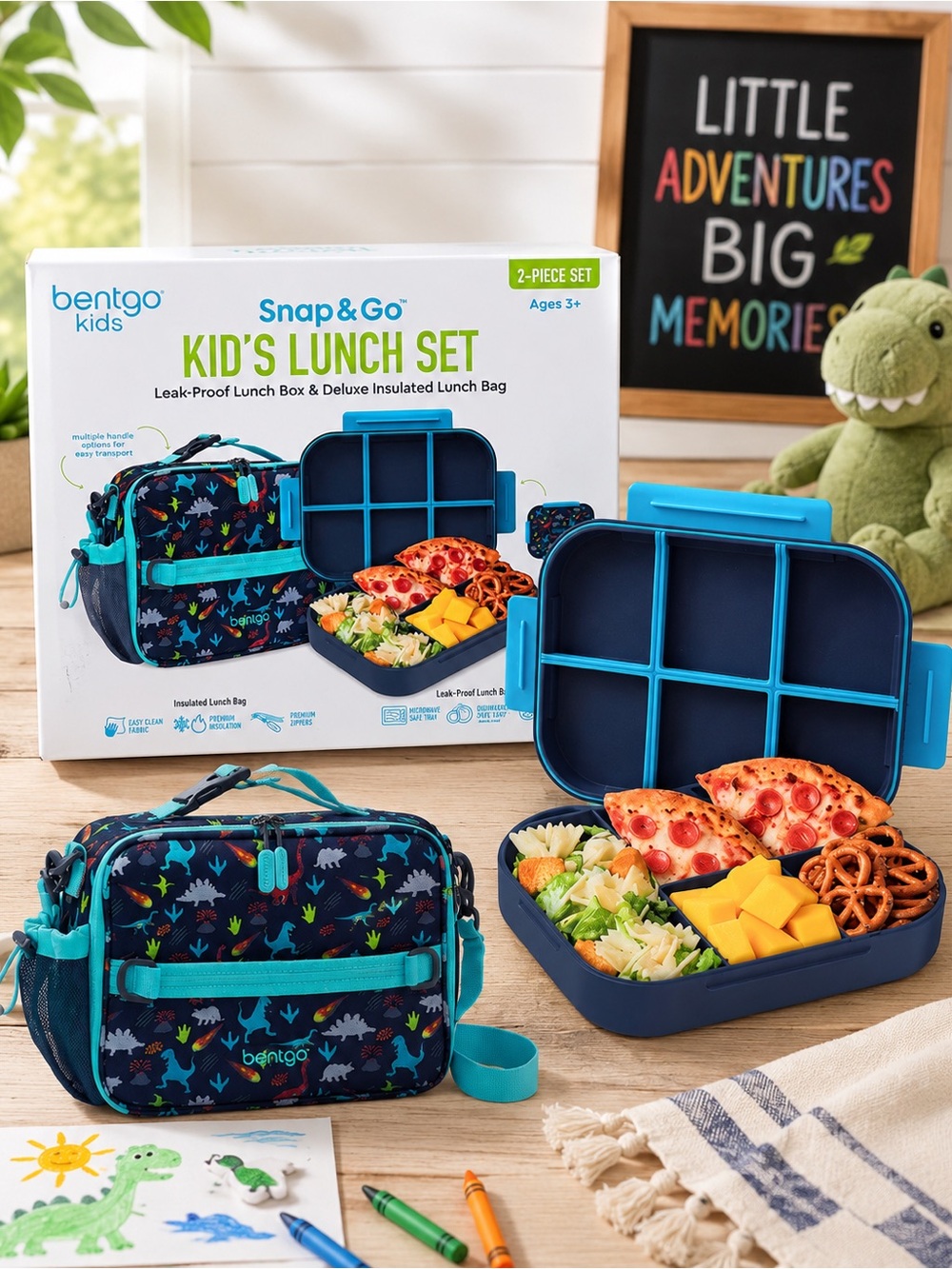 NWT Bentgo Kids Snap & Go Dinosaur Lunch Set Leak-Proof Bento Box & Insulated Lu